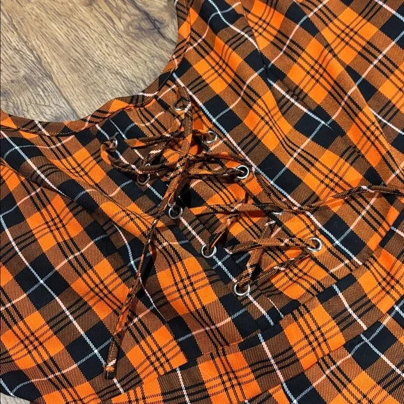 Hot Topic Black & Orange Plaid Pleated Lace-Up Dress Halloween - Picture 5 of 8